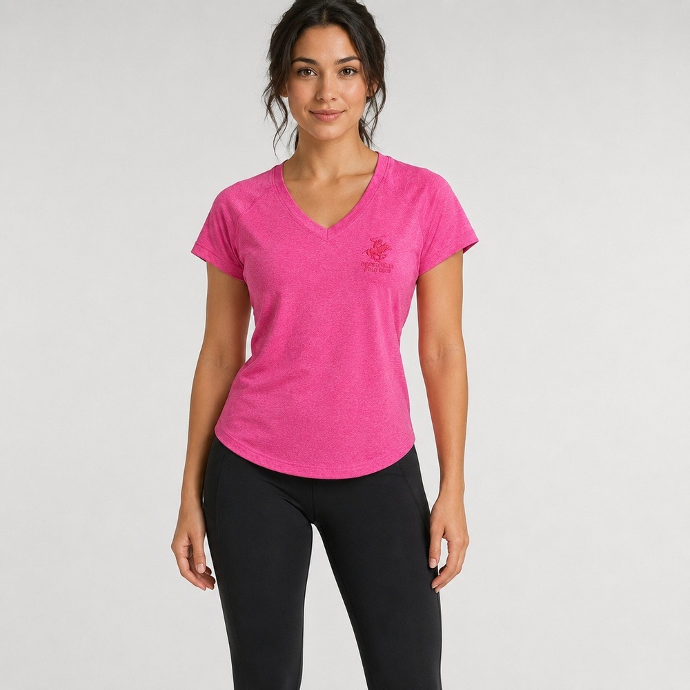 Beverly Hills Polo Club Womens V-Neck Activewear T-Shirt Pink Heather Small - Picture 1 of 7